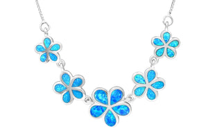 Sterling Silver Five Plumeria Flower Necklace with Simulated Blue Opal