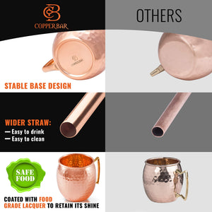 Moscow Mule Copper Mugs - Set of 4 - 100% HANDCRAFTED Pure Solid Copper Mugs - 16 Oz Gift Set with Highest Quality Cocktail Copper Straws, Copper Shot Glass & 2