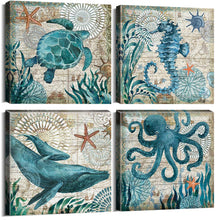 Load image into Gallery viewer, Teal Home Wall Art Decor - Ocean Theme Mediterranean Style Canvas Prints Framed and Stretched Ready to Hang Sea Animal Octopus Turtle Seahorse Whale Pictures Posters Bathroom - 12 x 12&quot; Panel Set of 4