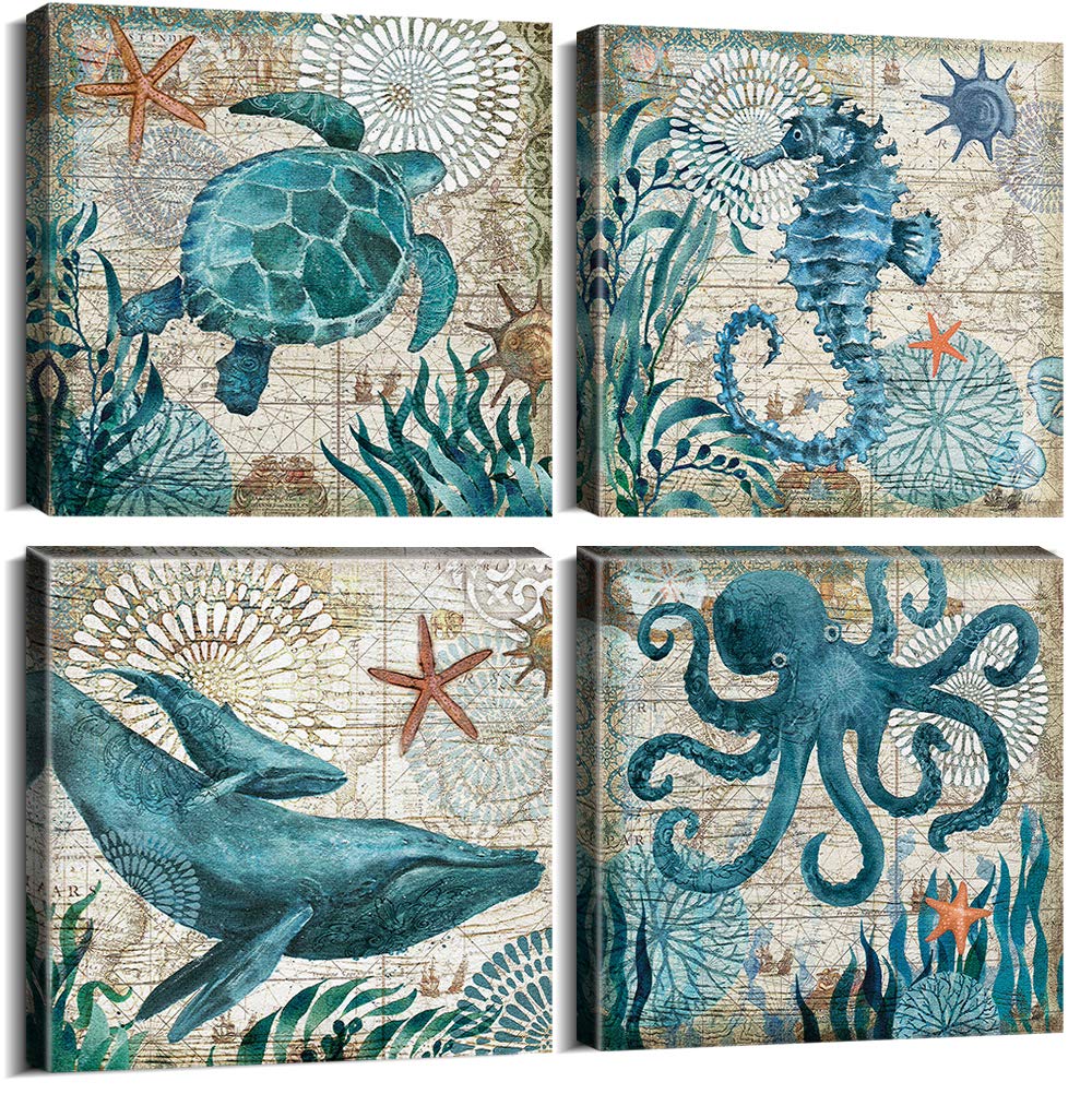 Teal Home Wall Art Decor - Ocean Theme Mediterranean Style Canvas Prints Framed and Stretched Ready to Hang Sea Animal Octopus Turtle Seahorse Whale Pictures Posters Bathroom - 12 x 12