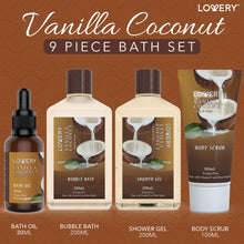 Load image into Gallery viewer, Bath and Body Gift Basket For Women and Men – 9 Piece Set of Vanilla Coconut Home Spa Set, Includes Fragrant Lotions, Extra Large Bath Bombs, Coconut Oil, Luxurious Bath Towel &amp; More