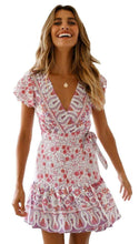 Load image into Gallery viewer, Gypsy Print Ruffled Mini Dress with Sash