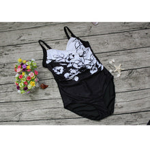 Load image into Gallery viewer, Women&#39;s Black and White Floral Print Monokini (Plus Sizes)