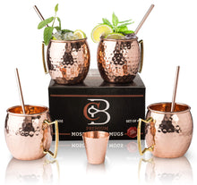 Load image into Gallery viewer, Moscow Mule Copper Mugs - Set of 4 - 100% HANDCRAFTED Pure Solid Copper Mugs - 16 Oz Gift Set with Highest Quality Cocktail Copper Straws, Copper Shot Glass &amp; 2
