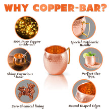 Load image into Gallery viewer, Moscow Mule Copper Mugs - Set of 4 - 100% HANDCRAFTED Pure Solid Copper Mugs - 16 Oz Gift Set with Highest Quality Cocktail Copper Straws, Copper Shot Glass &amp; 2
