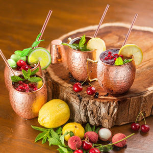 Moscow Mule Copper Mugs - Set of 4 - 100% HANDCRAFTED Pure Solid Copper Mugs - 16 Oz Gift Set with Highest Quality Cocktail Copper Straws, Copper Shot Glass & 2