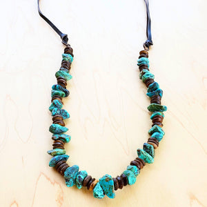 Natural Turquoise & Wood Bead Necklace w/ Leather Ties (249a)