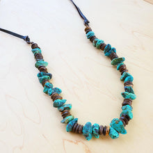 Load image into Gallery viewer, Natural Turquoise &amp; Wood Bead Necklace w/ Leather Ties (249a)