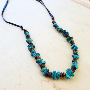 Natural Turquoise & Wood Bead Necklace w/ Leather Ties (249a)