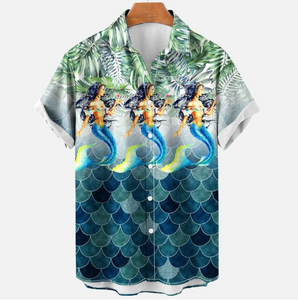 Vintage Retro Design Mermaid and Hula Girl Loose Fitting Casual Shirts (up to 5 XL)
