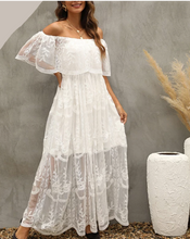 Load image into Gallery viewer, Off Shoulder Southern Romance White Lace Maxi Dress