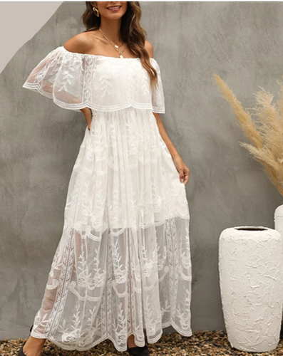 Off Shoulder Southern Romance White Lace Maxi Dress