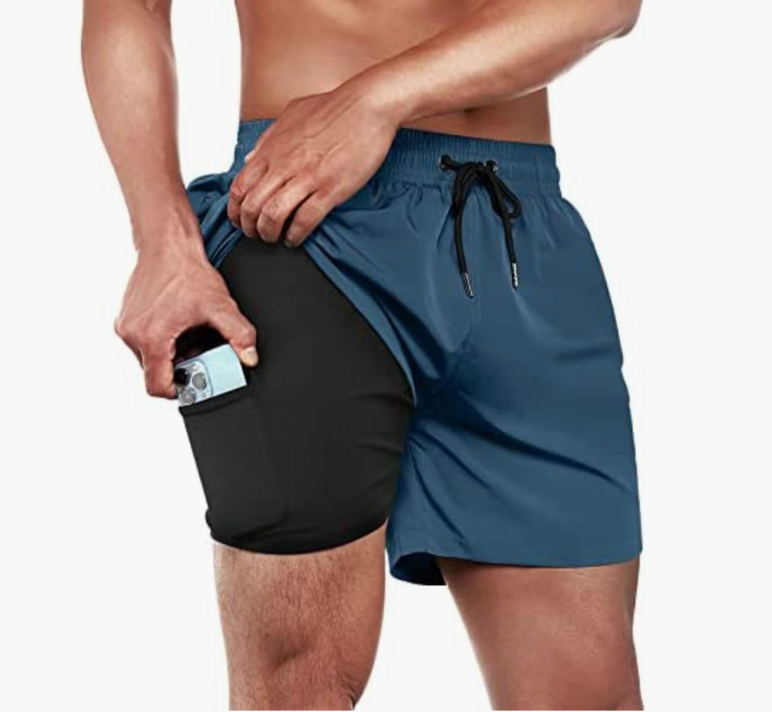 BRISIRA Quick Dry 5 inch Inseam Beach Shorts with Compression Liner and Zipper Pocket Blue / 30