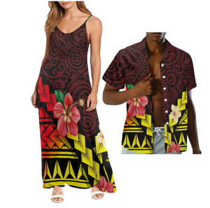 Matching His and Hers Polynesian Print Dress and Shirt