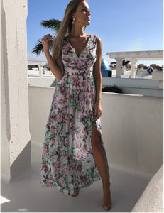 Fitted Floral Print High Slit Beach Dress