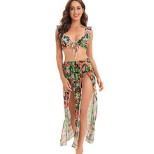 Load image into Gallery viewer, Tropical Print Ruffled Lace-up Three-piece Bikini and Slit Skirt