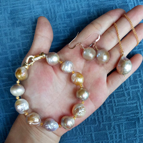 14K Gold Baroque Pearl Earrings/Necklace/Bracelet Three Piece Set