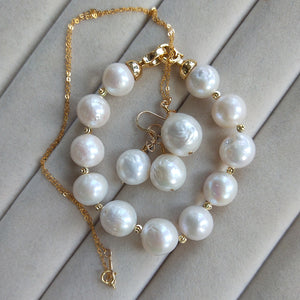 14K Gold Baroque Pearl Earrings/Necklace/Bracelet Three Piece Set