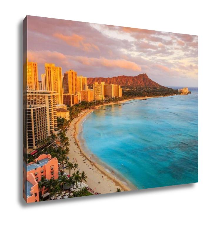 Gallery Wrapped Canvas, Honolulu Hawaii Skyline Of Honolulu Diamond Head Volcano And Waikiki Beach