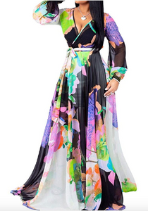 Chiffon V-Neck Printed Floral Maxi Dress (Plus Sizes)