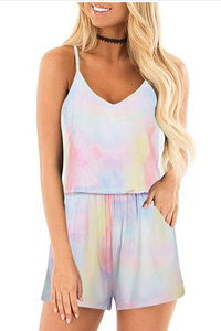 Tropical Loose V Neck Sleeveless Rompers with Pockets