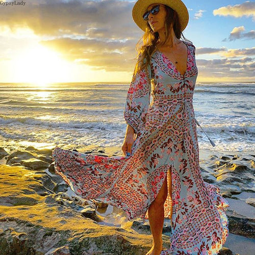 Ethnic Boho Floral Print Maxi Dress