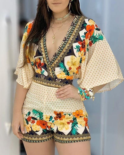 Deep V Neck Floral Half Sleeve Romper