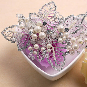 Handmade Golden Crystals Rhinestones Flower Leaf Wedding Hair Clip
