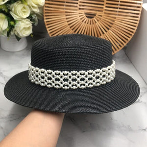 French retro black flat straw  summer vacation ins pearl beach and women eaves sunhat sunscreen Fedora