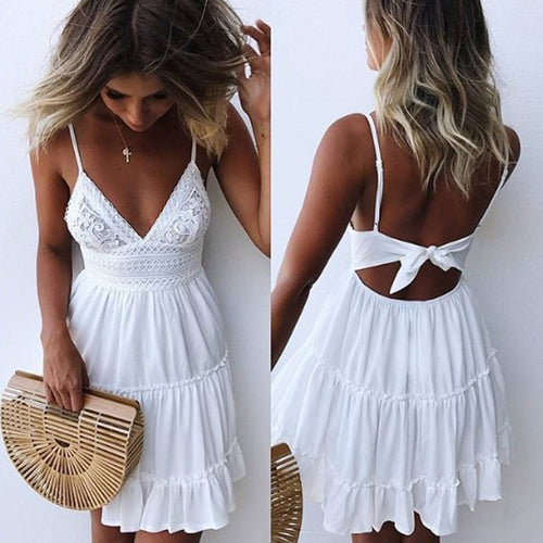 White Lace Halter Dress Sexy Backless Beach Dresses