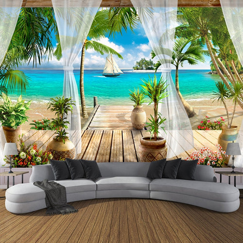 Custom 3D Balcony Sandy Beach Sea View Mural