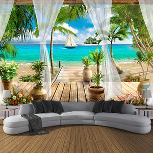 Custom 3D Balcony Sandy Beach Sea View Mural