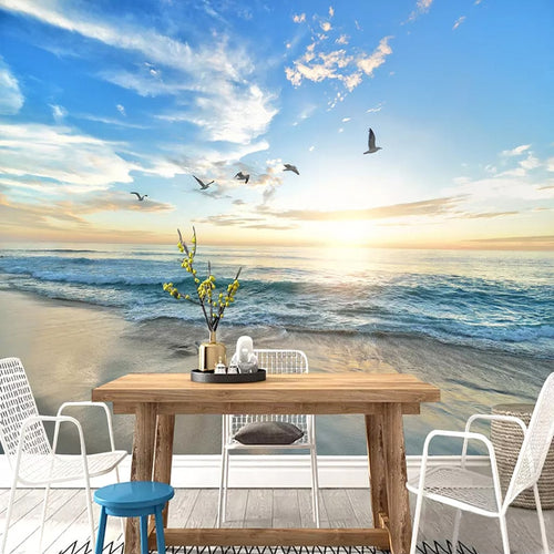 Custom 3D Seagull Blue Sky White Clouds Sea Landscape Wall Mural