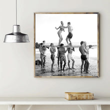 Load image into Gallery viewer, Black White Surfers Beach Party Retro Photo Canvas Painting Wall Art Pictures Surfing Vintage Poster Decorative Prints for Home