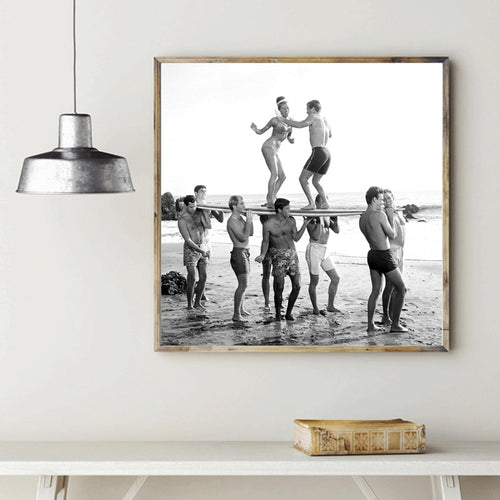 Black White Surfers Beach Party Retro Photo Canvas Painting Wall Art Pictures Surfing Vintage Poster Decorative Prints for Home