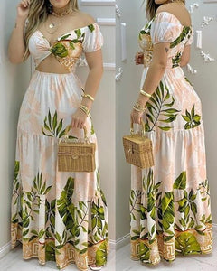 Tropical Print Hollow-out Design Off Shoulder V Neck Dress