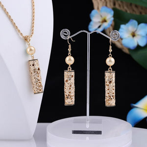 Polynesian Gold Hollow out Pearl Pendant Necklace Jewelry Set for Women