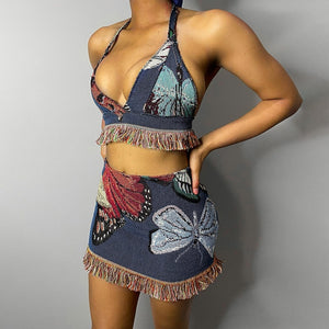 Butterfly Print Two Piece Set Halter Top and Mini Skirt