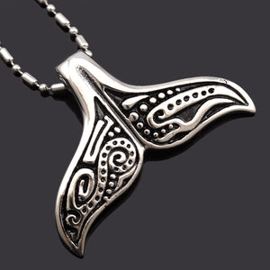 Stainless steel whale's tail pendant  ancient tribal incantation