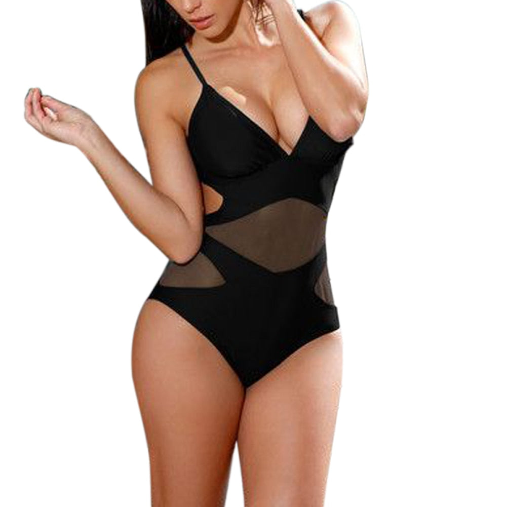 One Piece Patchwork Mesh Monokini with Push Up Pads