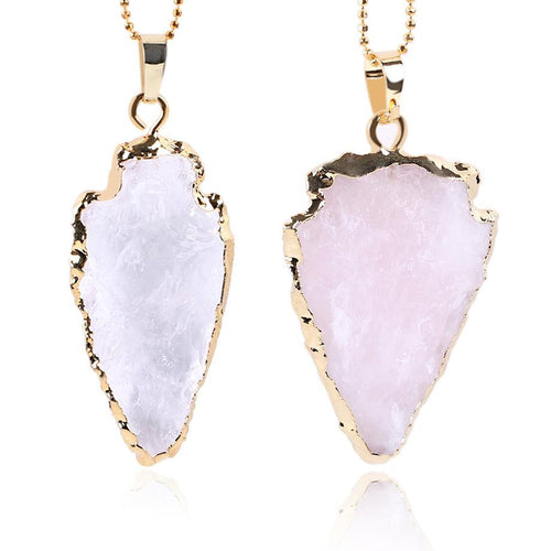 Natural Clear Crystal Quartz Arrowhead Necklaces & Pendants Pink White Rock Gem Stone Gold Color Unisex Reiki Jewelry E635