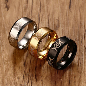 Triple Goddess Ring for Men 8mm Stainless Steel Star & Moon Alliance