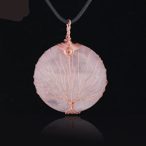 Chakra Natural Gem Stone Pink Crystal Quartz Round Necklaces Pendants Reiki Tree of Life Rose Gold Wrap Women Jewelry F293