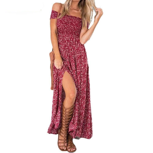 Flower Off-Shoulder Long Split Beach Dress