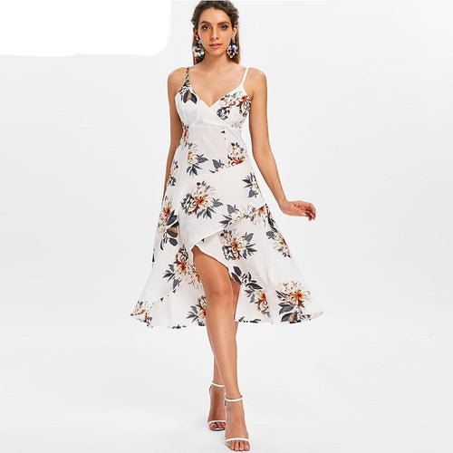 Spaghetti Strap Slit Floral Print Dress