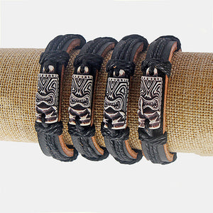 Black Leather  White Tiki Man Charm Bracelet