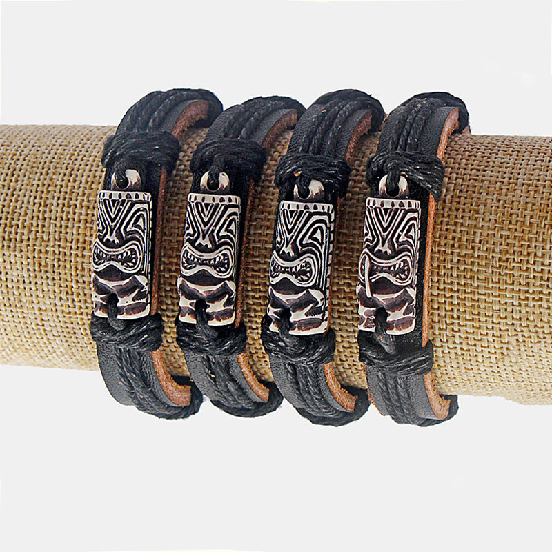 Black Leather  White Tiki Man Charm Bracelet