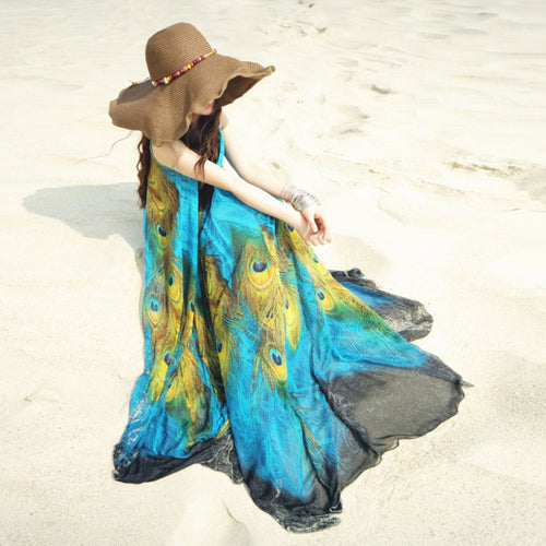 Long Peacock Beach Chiffon Dress M L XL XXL