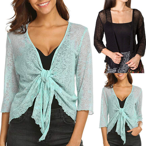 Womens Sheer Shrug Cardigan Open Front 3/4 Sleeve Lightweight Mesh Knit Coat