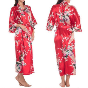 New Womens Long Style Satin Bathrobe Simulation Silk Summer Japanese Style Kimono Bathrobe